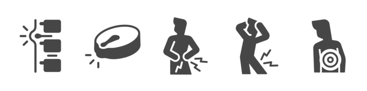 Herniated disc icon set. It included back pain, sciatica, lower back pain, radiating pain