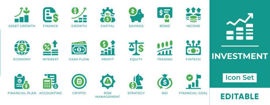 Portfolio Investment, Financial Strategy and Corporate Banking Vector Icons for Trading and Asset Management Fintech Apps