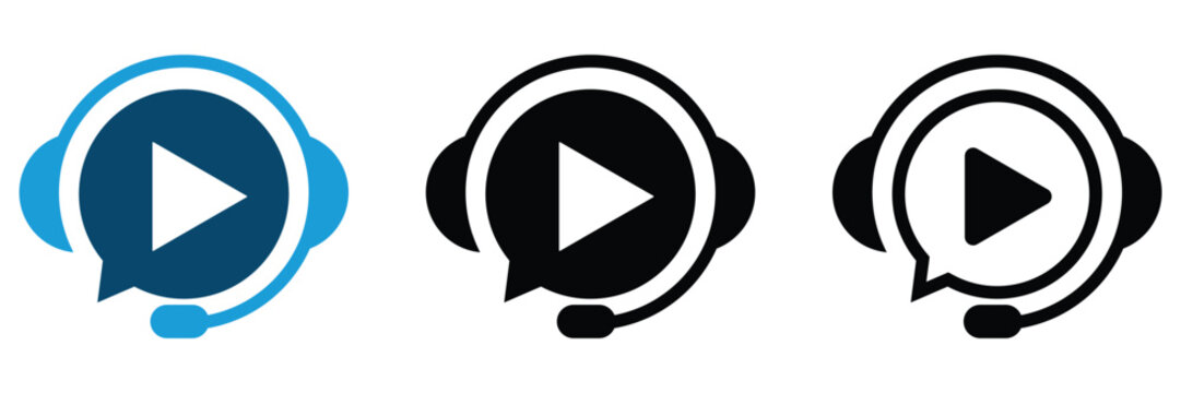 Dynamic headset and play button icon representing online customer support learning or multimedia communication