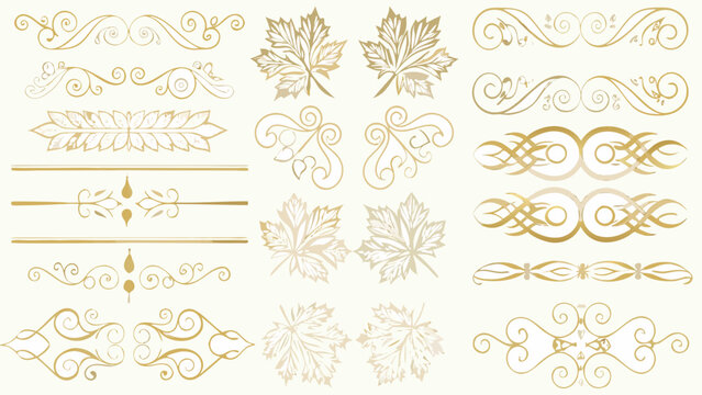 a set of horizontal decorative elements vector gold ornamental design scrollwork leaf motifs divider lines swirl patterns ornate borders illustration graphic