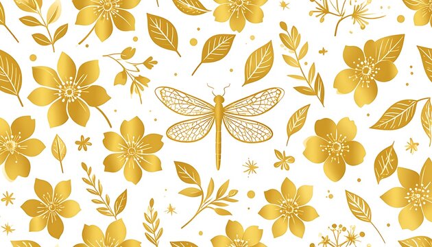 Gold flowers and dragonfly on white; delicate floral pattern with shiny metallic gold look; elegant, spring-themed illustration