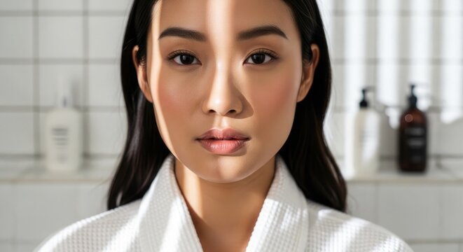 Woman in a white bathrobe with a glowing complexion and skincare products in the background