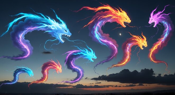 colorful dragons in the sky.