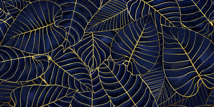 overlapping tropical leaves pattern navy blue gold foliage botanical nature ornament design graphic artwork background decorative luxury elegant modern stylish fashion
