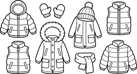 Winter Outerwear Clothes Line Art Vector Set with Puffer Jacket Parka Vest Hat and Mittens Coloring Page Elements © MdAungur