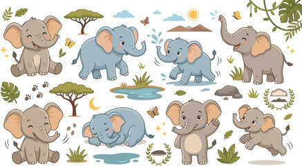 Fototapeta premium Cute cartoon elephant character vector set with African safari savanna elements stickers badges icons isolated on white