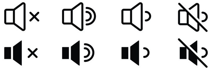 Set of modern black and white speaker volume icons featuring mute sound up and down symbols for user interface design applications © Tanvir Khan