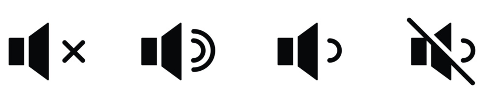 Simple black speaker and volume icons representing sound controls mute options and audio levels