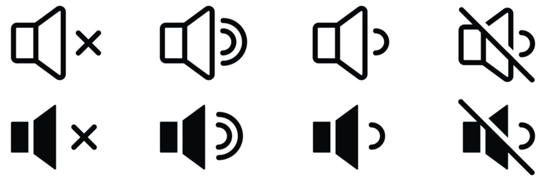 Set of modern black and white speaker volume icons featuring mute sound up and down symbols for user interface design applications