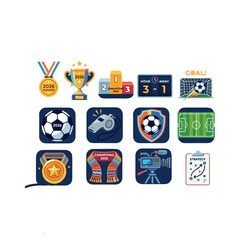 Colorful football tournament 2026 icon collection featuring soccer equipment, match officials, stadium elements, and championship symbols. © Mukhlis