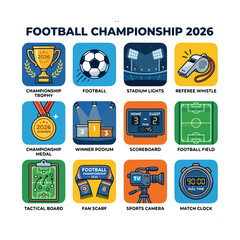 Colorful football tournament 2026 icon collection featuring soccer equipment, match officials, stadium elements, and championship symbols. © Mukhlis