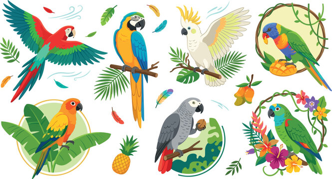 Cute cartoon parrot bird vector set with tropical jungle rainforest elements stickers badges icons isolated on white