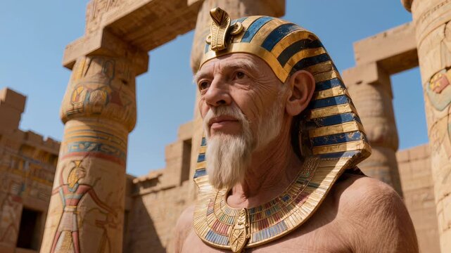 Cinematic portrait of elderly bearded pharaoh dressed as ancient Egyptian pharaoh wearing nemes headdress with cobra, colorful collar, standing by painted temple columns.