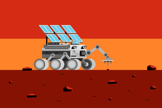 Mars rover with solar panels and robotic arm on red planetary surface, space exploration mission and STEM education concept illustration.