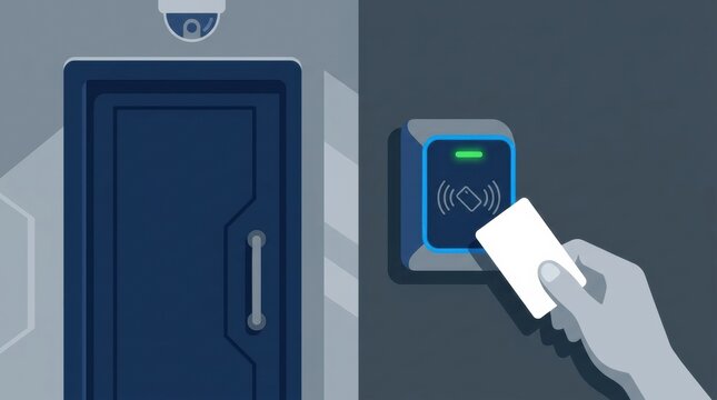 A security guard uses an access control reader to verify entry at a buildings entrance. The scene shows a focus on security measures.