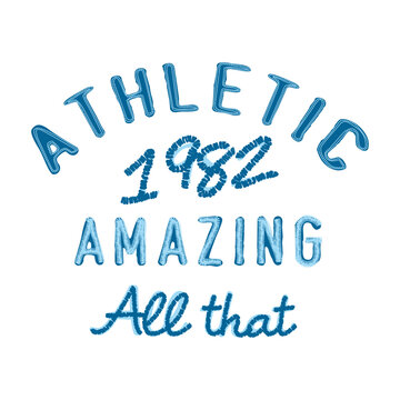 Retro athletic 1982 amazing typography graphic design featuring blue stitched embroidery text effect for t-shirt print and vintage apparel