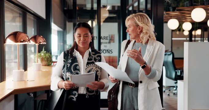 Walking, team or business people with paperwork in office, acquisition planning or merger discussion. Meeting, manager and advisor with contract for asset management, company valuation and proposal