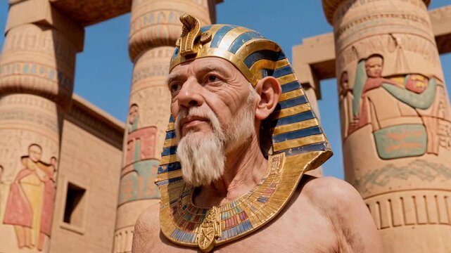 Cinematic portrait of elderly bearded pharaoh dressed as ancient Egyptian pharaoh wearing nemes headdress with cobra, colorful collar, standing by painted temple columns.