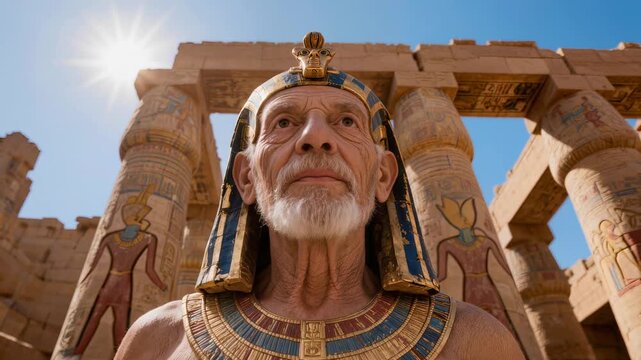 Cinematic portrait of elderly bearded pharaoh dressed as ancient Egyptian pharaoh wearing nemes headdress with cobra, colorful collar, standing by painted temple columns.