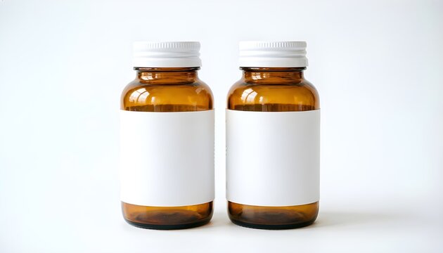 Mockup Botol Kaca Amber Kosmetik atau Suplemen dengan Label Kosong Terisolasi di Latar Belakang Putih