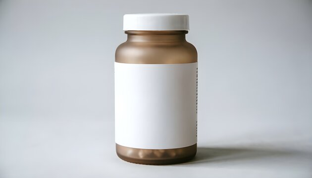 Mockup Botol Suplemen Kaca Amber dengan Label Kosong Putih di Latar Belakang Minimalis