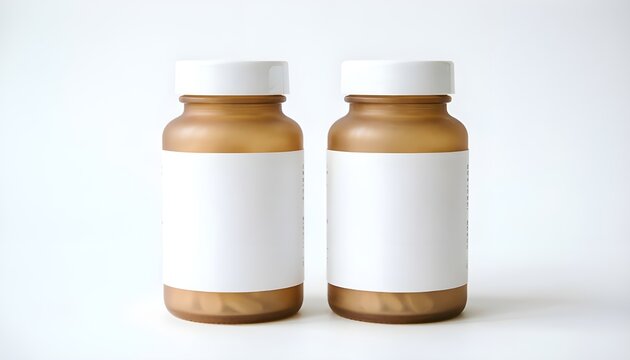 Mockup Dua Botol Suplemen atau Obat dengan Label Kosong Putih di Latar Belakang Minimalis