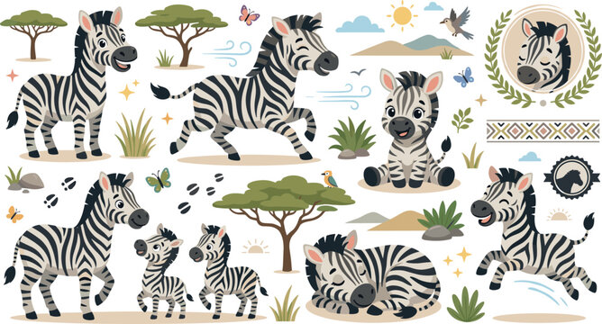 Cute cartoon zebra character vector set with African safari savanna elements stickers badges icons isolated on white
