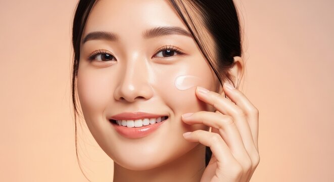 Asian woman applying cosmetic cream to face close up beauty portrait with radiant skin