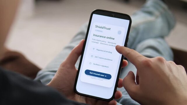 Modern mobile insurance interface. Professional shot of a person using an app for worldwide digital coverage. Ideal for fintech ads, life insurance promos, and digital nomad content. Realistic