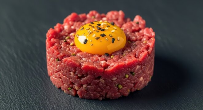 Gourmet Steak Tartare With A Raw Egg Yolk And Sesame Seed Garnish