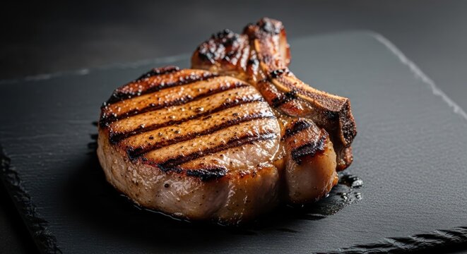Juicy grilled pork chop with bone on dark textured surface, showcasing savory caramelized crust, perfect for culinary delight.