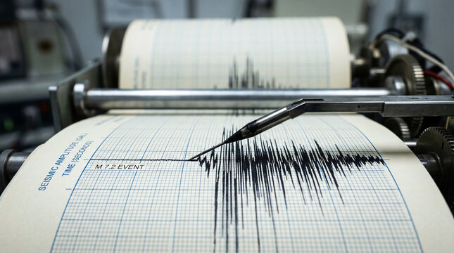 A detailed close up view of a vintage mechanical seismograph needle recording sharp black ink spikes on white grid paper during a major earthquake event today.