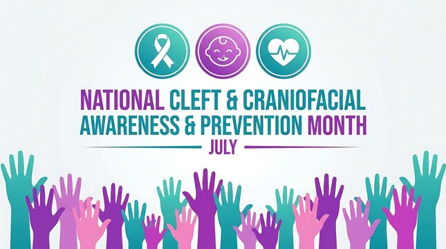 National cleft and craniofacial awareness and prevention month July campaign promoting health and support with colorful raised hands and icons.