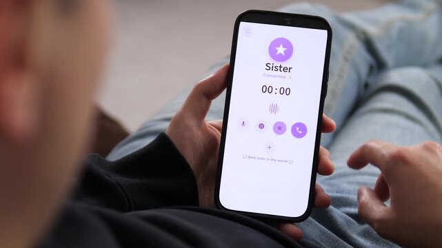 Tapping to call a contact labeled Sister on a smartphone. The screen displays a purple star icon and a Tap to call button. Perfect for family communication apps, personal relationships, and contact