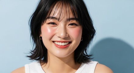 Fototapeta premium Radiant asian woman smiling close up portrait for beauty wellness and cosmetic advertising campaigns