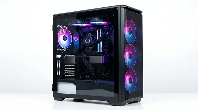 High performance gaming pc tower with vibrant rgb cooling fans and transparent side panel design isolated on a clean white background for modern tech enthusiasts