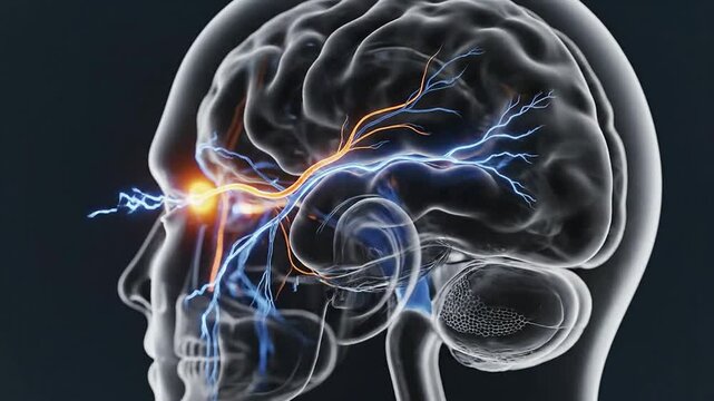 Cinematic Visualization of Neural Pathways and Electrical Signals Within the Human Brain Against a Dark Background for Medical and Health Presentations