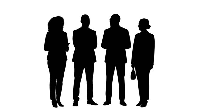 Four silhouette people standing together outdoors isolated on transparent background, Vector