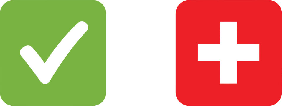 Positive checkmark and medical cross icons on green and red backgrounds