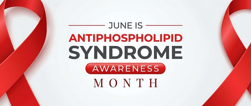 June is antiphospholipid syndrome awareness month with red ribbon symbol for health awareness and support.
