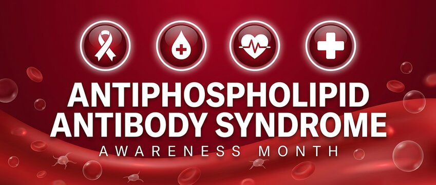 June is antiphospholipid antibody syndrome awareness month with medical symbols and blood cells for support.