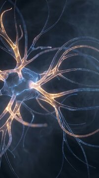 Abstract nerve cell illustration with glowing lines and dark background