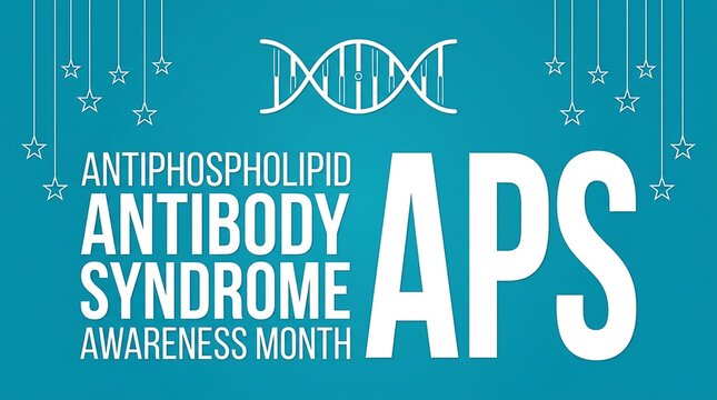 Antiphospholipid antibody syndrome aps awareness month graphic with dna and stars on blue background.