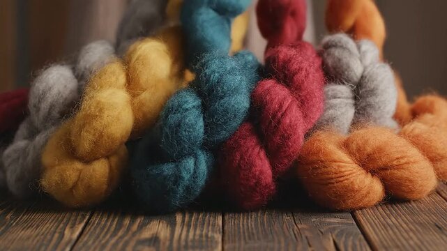 Colorful Wool Roving Fibers Bundled on Textured Wooden Surface for Crafting and Textile Art Projects