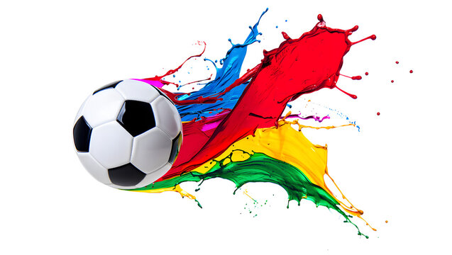 Soccer ball exploding with vibrant paint splatter in dynamic motion on white background