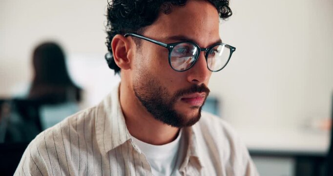 Man, computer and headache with glasses for eye strain, stress or deadline in creative agency. Graphic designer, pressure or tired person with commitment for online project, vision or problem solving