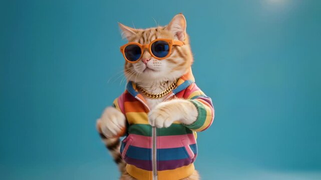 Funny cool ginger cat wearing orange sunglasses, rainbow striped jacket and gold chain dancing against bright blue studio background.