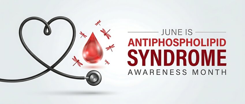 June is antiphospholipid syndrome aps awareness month with stethoscope heart shape blood drop and dragonflies medical.