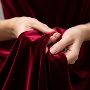Hands holding red velvet fabric closeup.