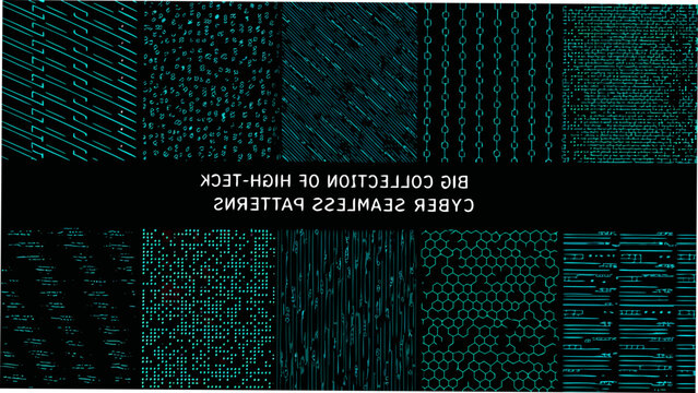 grid displaying twelve different repeating patterns in cyber style seamless matrix digital technology hexagon chain binary code vector illustration background black